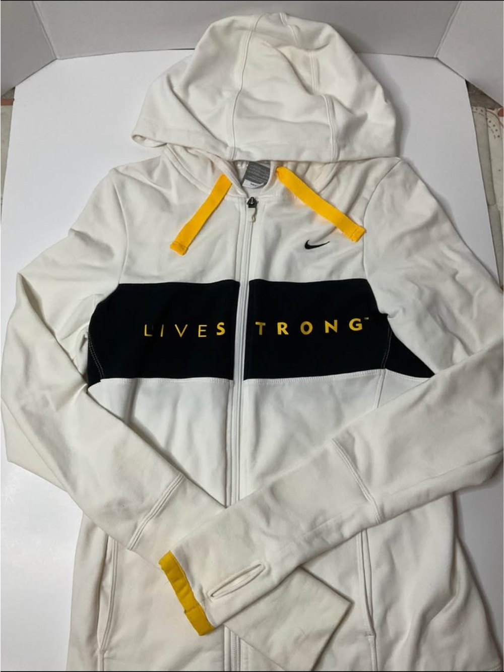 Nike White & Black ' Livestrong Zip Hoodie with Yellow Accents